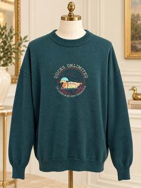 Vintage Ducks Unlimited Sweater Mens XL Teal Green Cotton Embroidered Crewneck